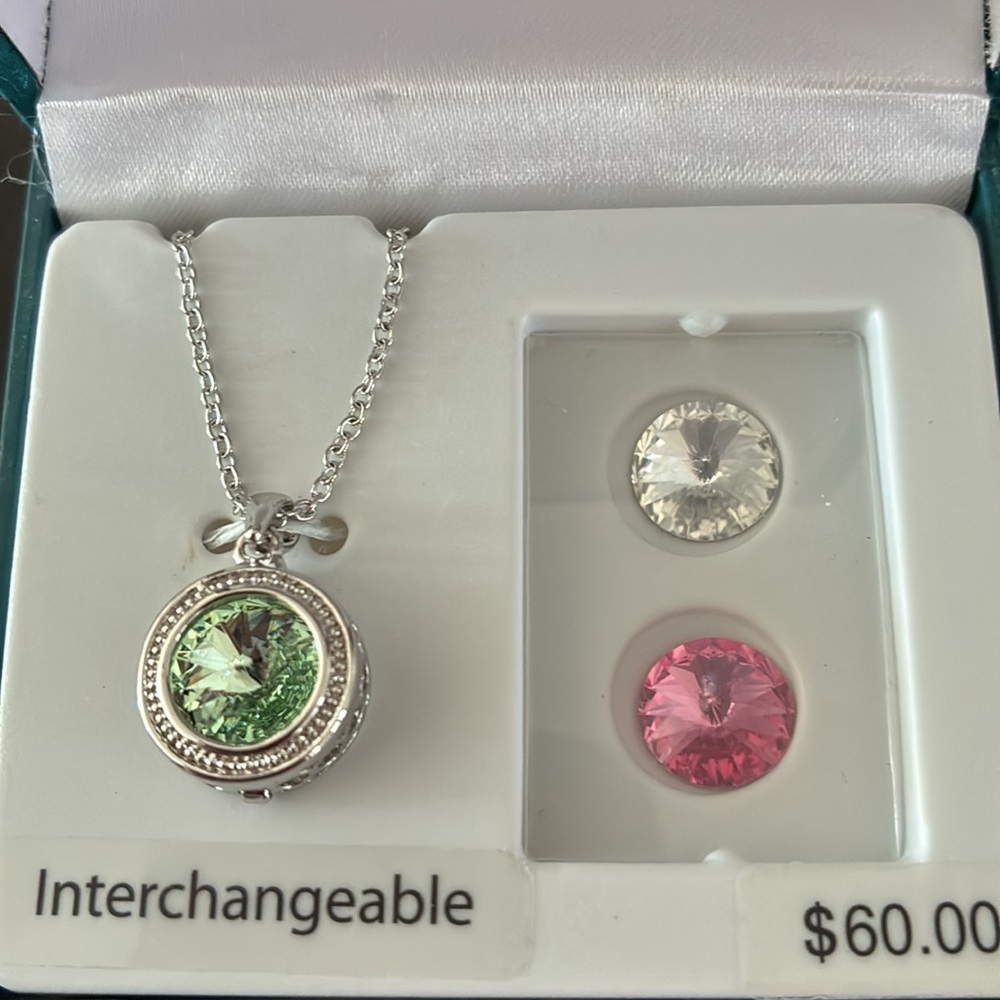 Elegant Silver Necklace with Interchangeable Green clear and Pink Stones